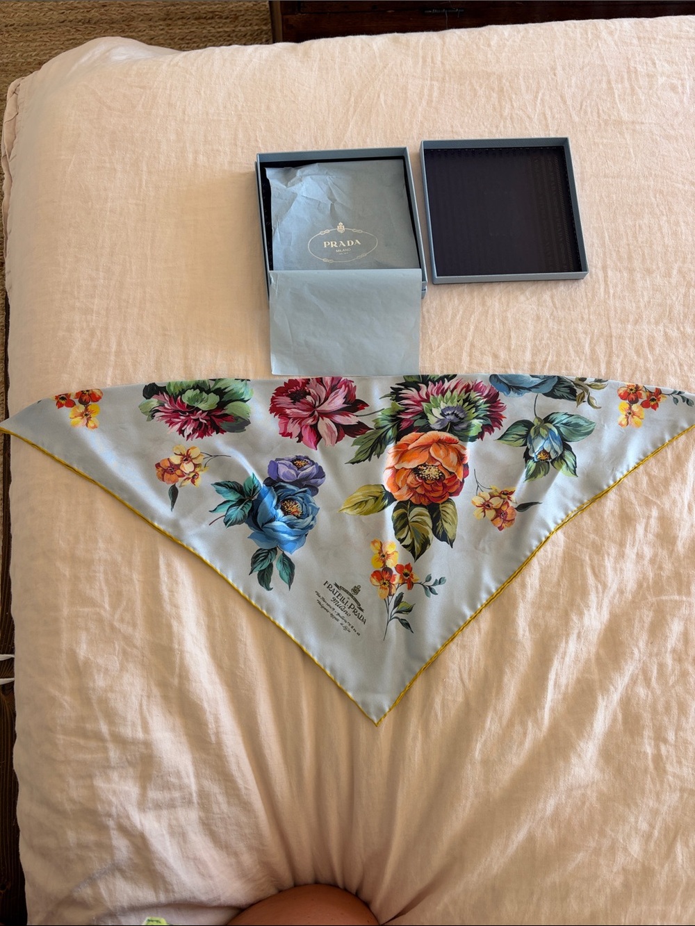 Vintage Prada Light Blue Floral Silk Scarf with Yellow Edge